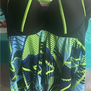 Women's Black and Blue Patterned Swim Dress